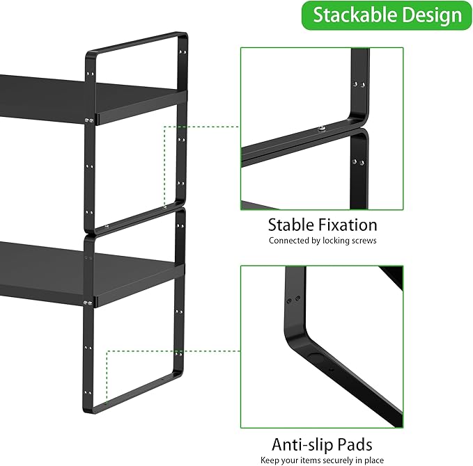 Expandable Cabinet Storage Shelf Stackable Organizer Rack for Kitchen Bathroom Pantry Spice Cupboard Countertop Home Office Desk Heavy Duty Nonslip Black Large 3 Pack-Ruum Studio Home