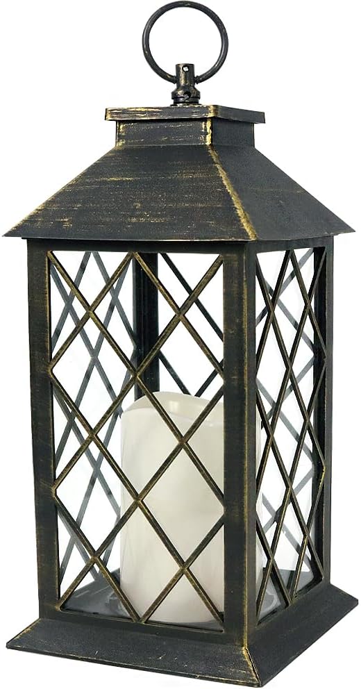 Bright Zeal 13.5" Outdoor Candle Lantern Decorative with LED Pillar Candle Battery Powered (Distressed Gold, 6hr Timer) - IP44 Waterproof Decorative Tabletop Lanterns Hanging Lanterns Indoor Outdoor-Ruum Studio Home