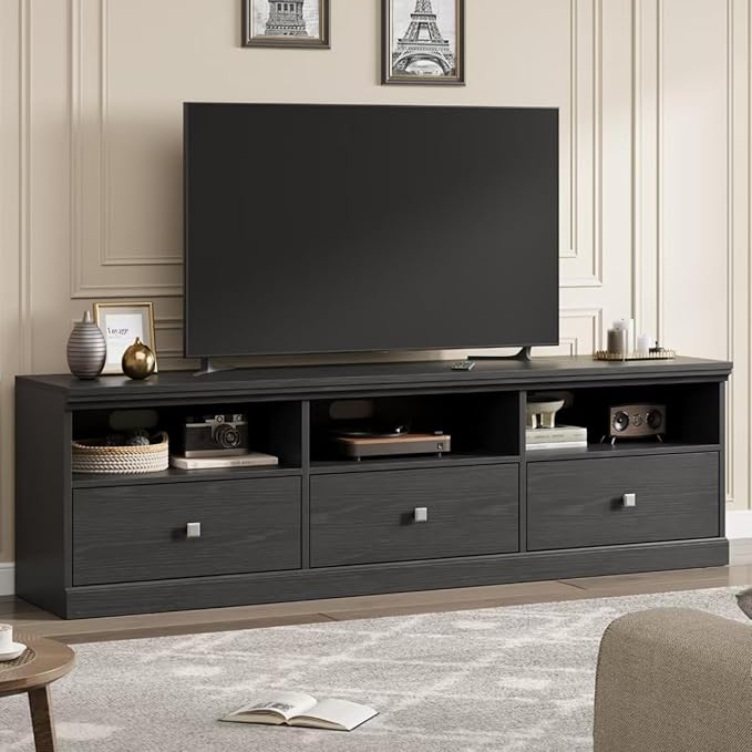 IDEALHOUSE 70in TV Stand for TVs up to 80", Mid Century Modern Entertainment Center with Storage Drawer and Open Shelves, TV Console Media Cabinet for Living Room, Bedroom, Black-Ruum Studio Home