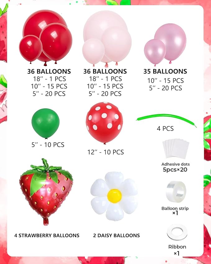 Strawberry Balloons Arch Garland Kit, 135PCS Red and Pink Balloons with Strawberry Daisy Foil Balloons for Sweet Girl Berry First Birthday Decor Baby Shower Themed Party Decorations-Ruum Studio Home