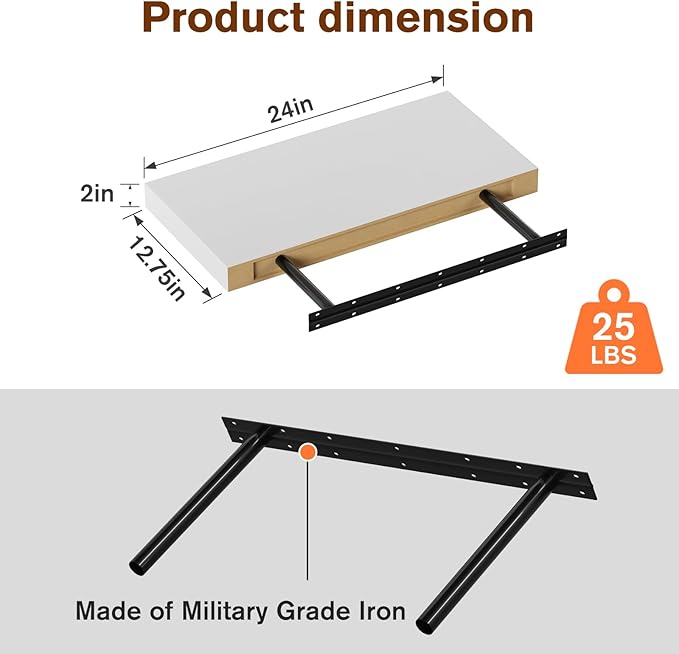 Large Floating Shelves for Wall Set of 1 Wooden Wall Shelves 24 in x 12.75 in x 2 in Room Decor Long Shelf with Invisible Wall Mount Bracket for Bedroom Kitchen Living Room White-Ruum Studio Home