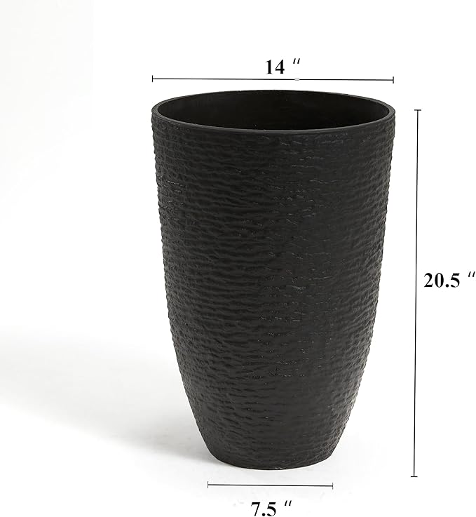 WORTH Garden 21" H Tall Planters 2 Pack - 14'' Dia Resin Large Round Black Flower Pots for Outdoor Plants Trees - Imitation Stone Finish Plastic Indoor Front Porch 9 Gallon Decorative Container Patio-Ruum Studio Home