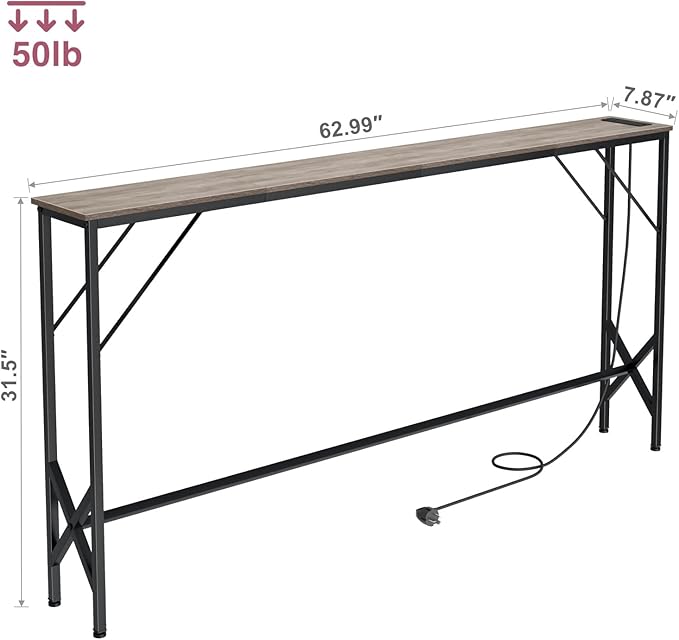 63'' Console Table, Skinny Entryway Table with Fast-Charging Station, Narrow Long Sofa Table, Behind Slim Couch Table for Entrance, Hallway, Living Room Decor ST-GY160-1-Ruum Studio Home