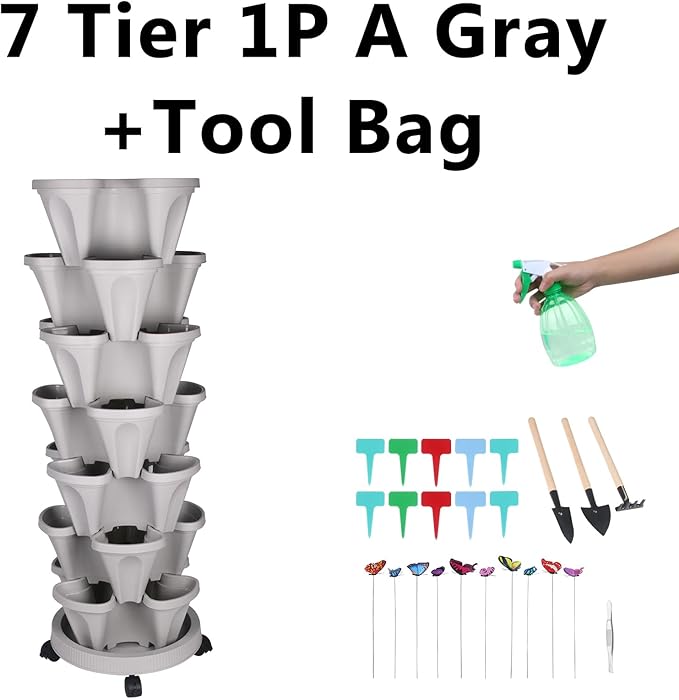 Vertical Planter, 7 Tier Stackable Strawberry Planter with Garden Tool Set, Movable Indoor/Outdoor Garden Herb Pot for Growing Vegetables and Succulents, Gray-Ruum Studio Home