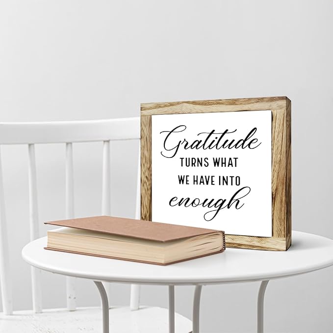 Rustic Wood Sign, Gratitude Turns What We Have Into Enough Sign, Wooden Plaques Table Decor, Inspirational Desk Decorate, Home Office Decor, Thankful Quote Signs, Small Wooden Box Signs-Ruum Studio Home