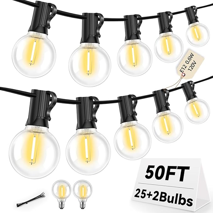 50FT G40 LED String Lights with 25 Shatterproof Bulbs (2 Spares), E12 Sockets, 2700K Warm White, eatherproof Patio Lighting for Garden,Backyard,Party,Wedding,Porch,Deck,Gazebo,Bistro,Camping-Ruum Studio Home