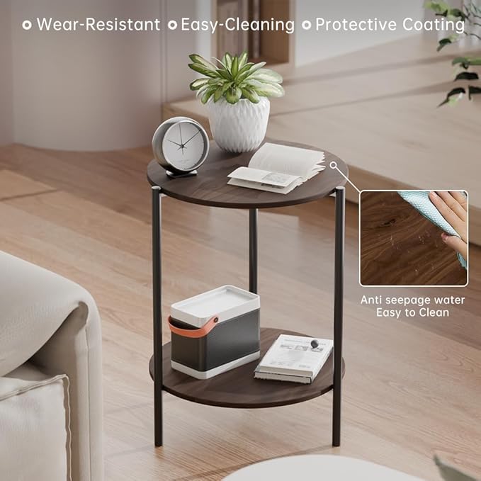 Side Table, Round End Table with 2-Layer Storage Rack, 15.7" Small Spaces Circle Table, Metal Frame Design Small Side Tables, for Living Room, Bedroom, Vintage Wood-Ruum Studio Home