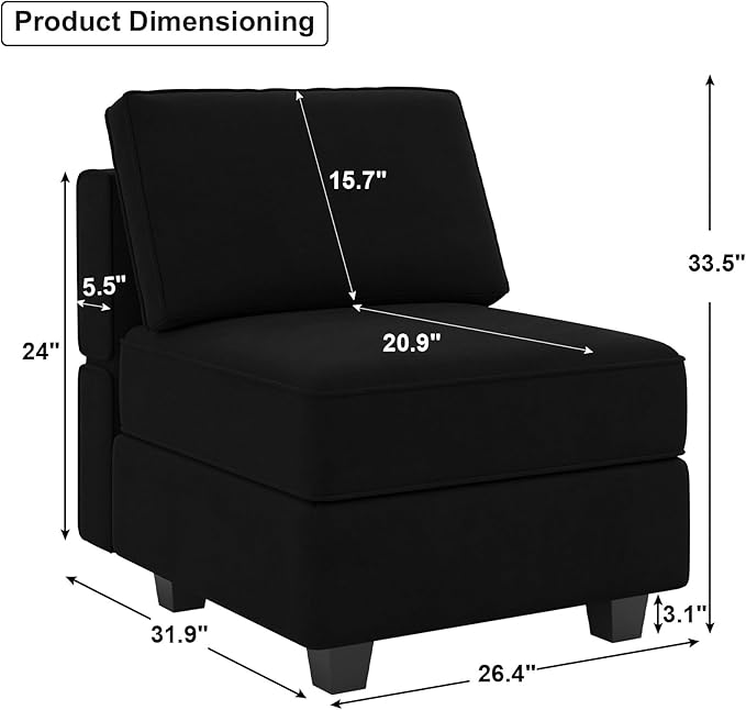 Belffin Modular Sofa Middle Module with Storage Accent Armless Chair for Modular Sectional Sofa Couch Velvet Black-Ruum Studio Home