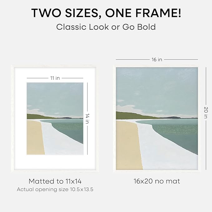 Homeforia 16x20 White Picture Frame, High End Oak 16x20 White Wood Frame with Mat 11x14 Photo, 16 x 20 Wooden Poster Frames Matted to 11 by 14, 20x16 Hanging Frames, Tempered Glass, Wall Kit, Set of 1-Ruum Studio Home