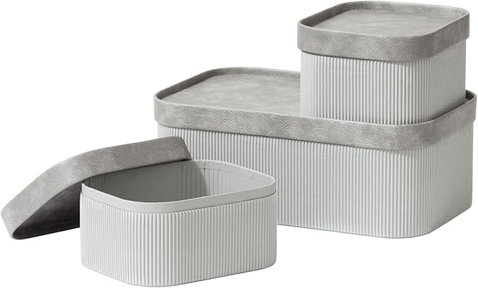 La Jolie Maison Fluted Cardboard Storage Baskets with Vegan Leather Lids, Sturdy Stackable Paper Boxes Decorative Tray, Modern Basket Organizer Bins Bathroom Bedroom Organizing, Storm Grey, Set of 3-Ruum Studio Home