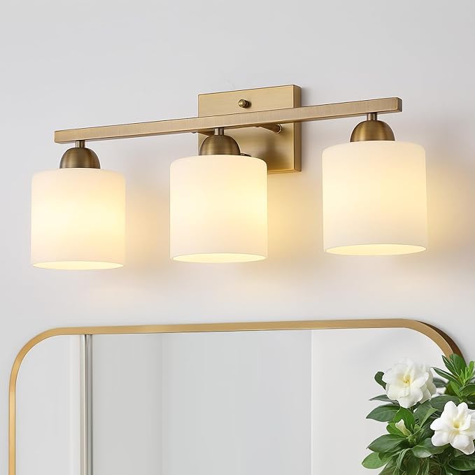 Stainless Steel Milk Glass Vanity Lights for Bathroom, 3 Light Brass Bathroom Light Fixtures Over Mirror, Ceramic E26 Sockets Wall Mounted-Ruum Studio Home