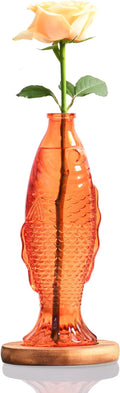 Nacome Fish Vase Glass Plant Terrarium with Wooden Stand,Planter Propagation Station for Home Office Hydroponics Desk Decoration,Unique Gardening Gifts for Plant Lovers Women Mom(Orange)-Ruum Studio Home