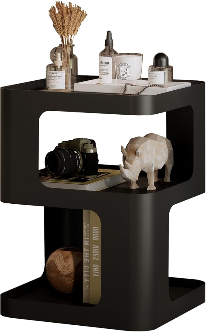 Side Table,Modern end Table,Unique nightstand,Bedside Table,Black Metal Night Stand with Storage,Accent Side Table for Couch,Bedroom,Living Room.No Assembly Required-Ruum Studio Home