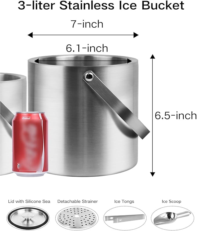 3L Double Wall Ice Bucket with Silicone Lid, Tongs & Scoop Insulated Ice Buckets for Parties & Cocktail Bar,[Silicone Lid for Longer Ice] Large Wine Bar Bucket Stainless Champagne Chiller-Ruum Studio Home