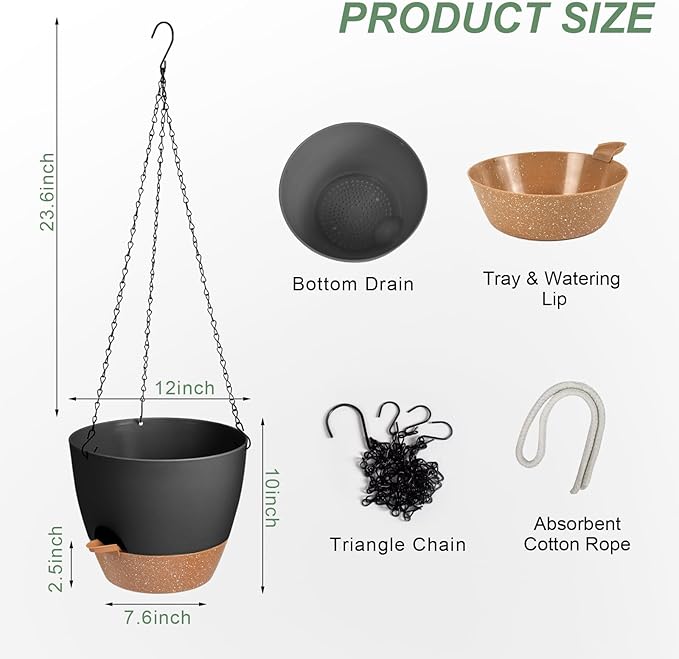 Hanging Planters for Indoor Outdoor Plants, 1 Set Self Watering Hanging Pot with Drainage Holes & Removable Tray (Black-12inch, 12'')-Ruum Studio Home