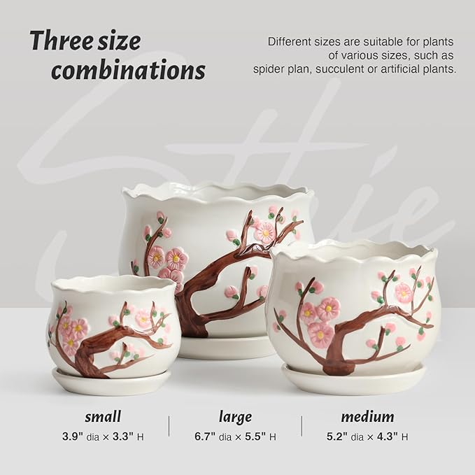 Ceramic Plant Pots with Drainage Holes and Saucers, Round Flower Pots for Indoor Plant, 3.9/5.2/6.7 Inches Small Flower Planters Set of 3-Ruum Studio Home
