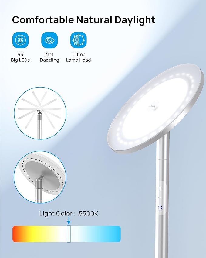 TROND Floor Lamp, LED Torchiere Uplight Lamp, 5 Brightness Aluminum Modern Standing Light, 5500K Natural Daylight, 5000 lm, 71in Tall, 30 Mins Timer, Detachable, for Office Living Room Bedroom, Silver-Ruum Studio Home