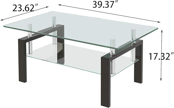 Glass Coffee Table Rectangle Living Room Center Table, with Tempered Glass Tabletop Black Metal Leg,for Living Room and Office (Dou-Clear Glass)-Ruum Studio Home