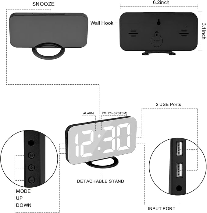 SZELAM LED RGB Digital Alarm Clock,with 11 Color Modes Display,Mirror Surface,Dual USB Charger Ports,Modern Desk Clocks for Bedroom Home Office Decor- Black-Ruum Studio Home