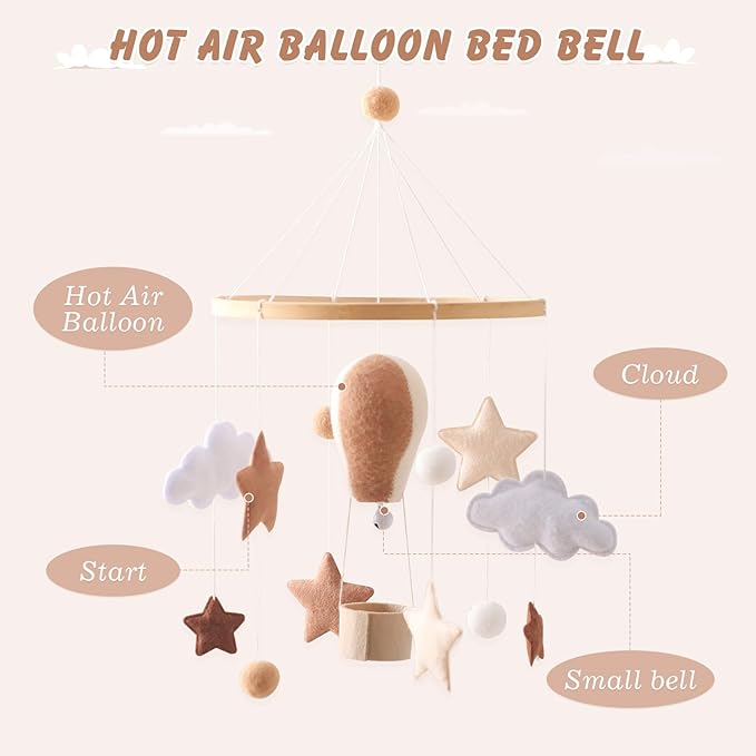 Baby Mobile for Crib, Baby Crib Mobile for Boys Girls, Baby Mobile for Bassinet, Boho Nursery Mobile, Nursery Decor Theme for Infant Bedroom Hanging, Gender Neutral Baby Gift (Hot Air Balloon)-Ruum Studio Home