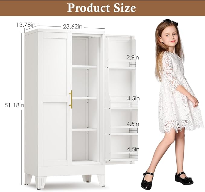 51" Metal Kitchen Pantry Cabinet, Storage Cabinets with 2 Door and 3 Adjustable Shelves, White Freestanding Food Storage Cabinet, Steel Cupboard for Kitchen Dinning Room-Ruum Studio Home