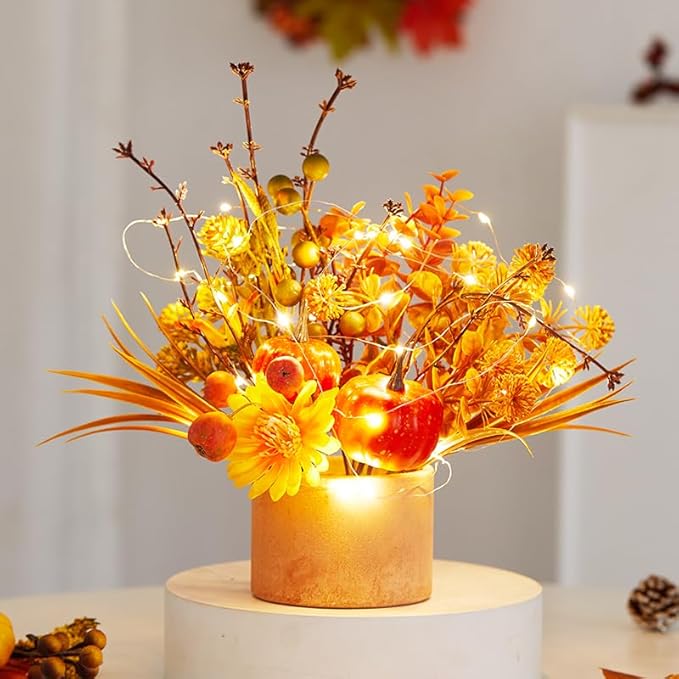 Thanksgiving Centerpiece Fall Table Flower - 2 Pack Lighted Realistic Artificial Table Plant with Western Modern Boho Rustic Aesthetic Bouquet Fall Decor Gift for Home Farmhouse-Ruum Studio Home
