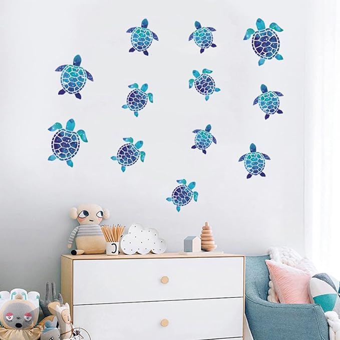 12pcs Sea Turtle Vinyl Stickers Underwater Ocean Decals Waterproof Wall Sticker Home and Bedroom Decoration, DIY Accessories, Blue-Ruum Studio Home