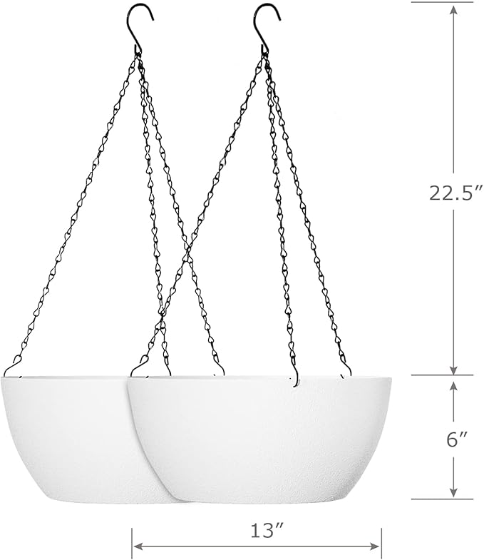 13 inch Large Hanging Planters Plant Pots for Outdoor Indoor Plants with Drainage Holes and Chain, 2 Pack Round Hanging Flower Pots for Garden Home Porch Decor, White-Ruum Studio Home