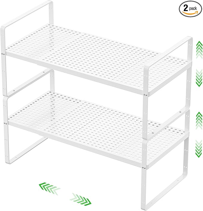 Expandable Cabinet Storage Shelf Stackable Organizer Rack for Kitchen Bathroom Pantry Spice Cupboard Coffee Countertop Home Office Desk Heavy Duty Nonslip White Large 2 Packs-Ruum Studio Home
