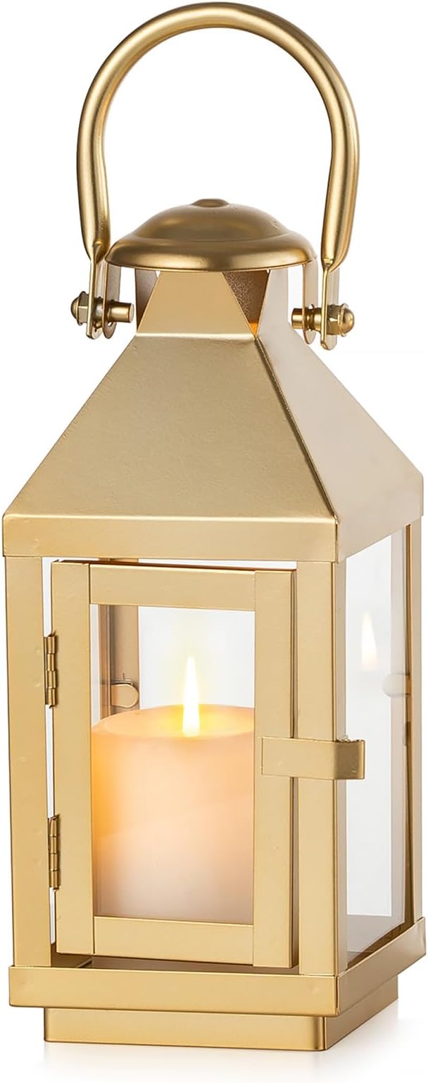 NUPTIO Gold Lanterns Decorative Indoor: 8.6 Inch Tall Metal Lantern with Glass for Pillar Candle - Fireplace Decor for Christmas Home Living Room Mantle Porch Wedding-Ruum Studio Home