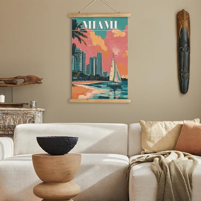 WREVERW Vintage Miami Poster Canvas Print with Wooden Hanger Frame, Featuring Palm Trees, High-Rise Buildings, and Sailboats, Wall Art for Home and Office Decor, 16x23 inches-Ruum Studio Home