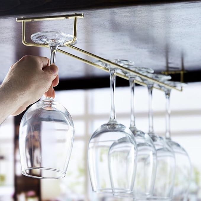 Soro Essentials- 24" Glass Hanging Stemware Rack Brass Plated Set of 2- Wine Glass Hangers Under Shelf Cabinet Wire Wine Holder Storage Hanger for Cabinet Kitchen Bar or Home-Ruum Studio Home
