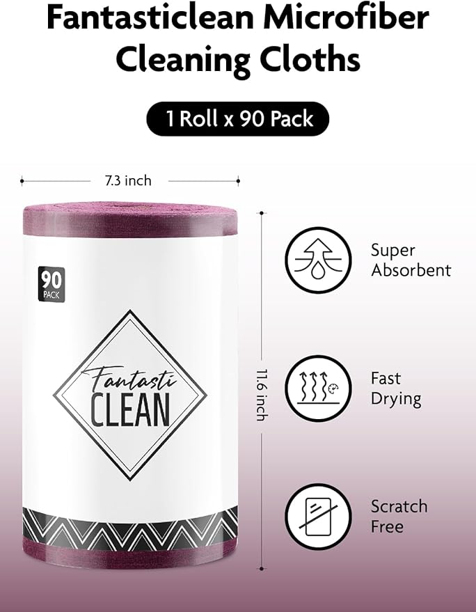 Fantasticlean Microfiber Cleaning Cloth Roll -90 Pack, Tear Away Microfiber Towels, 12" x 12", Reusable, Washable, Scratch Free, Ultra Absorbent Dish Rags for Car, Home, Garage or Shop (Deep Purple)-Ruum Studio Home