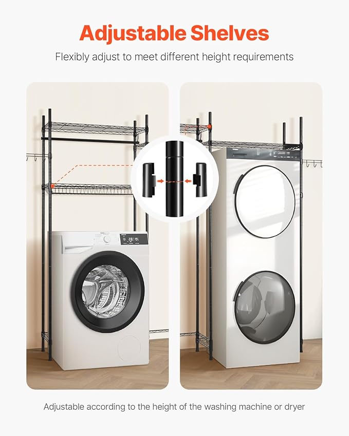 VEVOR Over The Washer and Dryer Storage Shelf, 4 Tier Laundry Room Drying Rack with Hanger Rod and Hooks, Adjustable Over Washer and Dryer Shelves, Laundry Room Shelf Storage Space Saver, Black-Ruum Studio Home