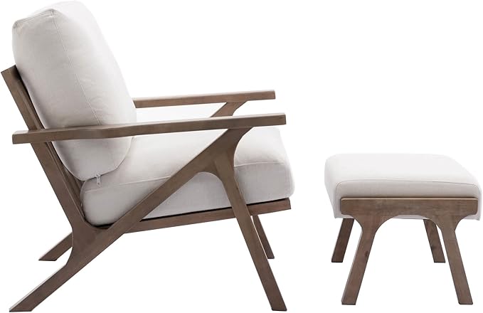 Wahson Set of 2 Mid Century Arm Chairs and Ottomans, Upholstered Accent Armchair with Wood Frame and Linen Cushions, Leisure Slipper Chair for Living Room/Bedroom, Cream-Ruum Studio Home