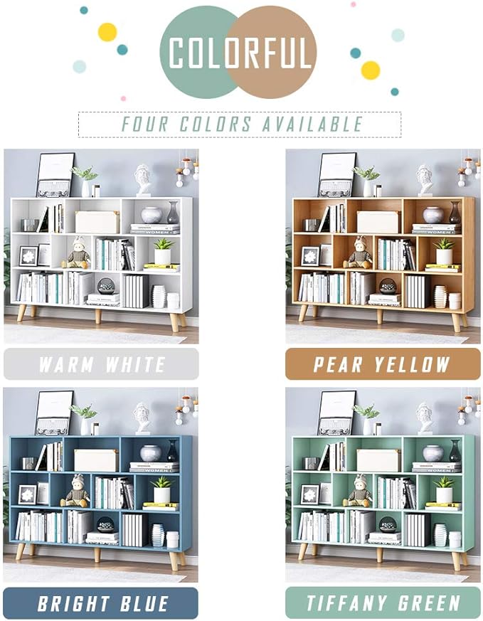 IOTXY Wooden Open Shelf Bookcase - 3-Tier Floor Standing Display Cabinet Rack with Legs, 10 Cubes Bookshelf, Pear Yellow-Ruum Studio Home