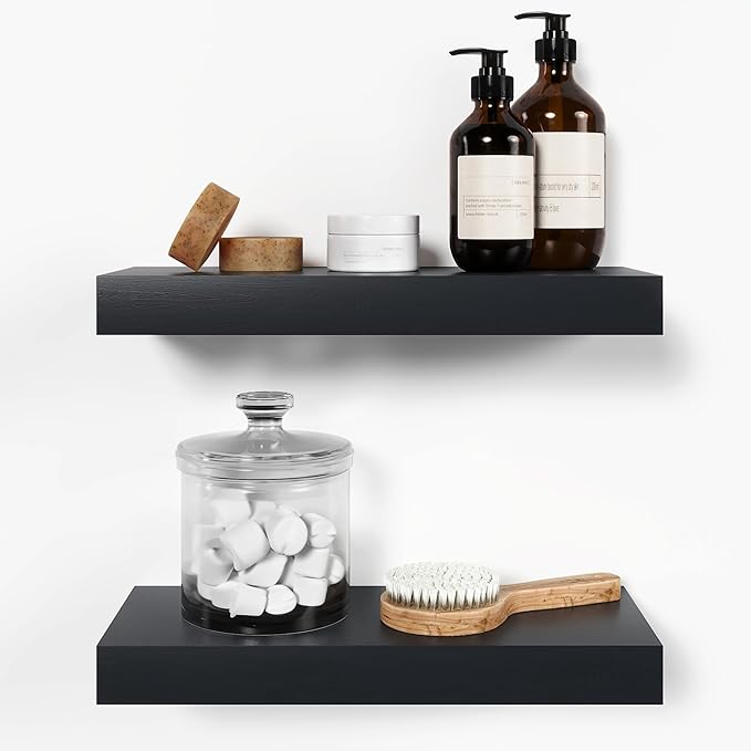 Homeforia 16 inch Black Floating Shelves, High End Solid Real Wood 16inch Bathroom Floating Shelves for Wall Mounted, 16in Wooden Small Floating Shelf, Heavy Duty Bracket, 16 X 6.5 X 1.75 in, Set of 2-Ruum Studio Home