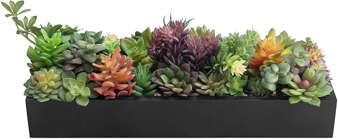 MyGift Artificial Succulent Centerpiece,15.75 Inch Faux Succulents Arrangement Plants in Sleek Black Wooden Rectangular Planter Box-Ruum Studio Home
