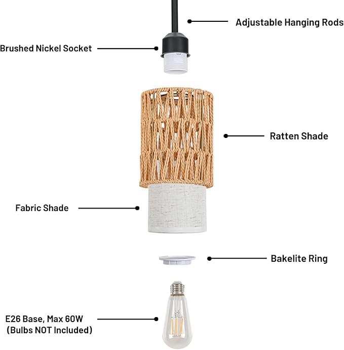 Pendant Light Boho Hanging Lamp - Rattan & Linen 2-in-1 Shade, Adjustable Hanging Lights Fixture for Kitchen Island, Dining Room, Farmhouse, Bedroom (3 Pack)-Ruum Studio Home