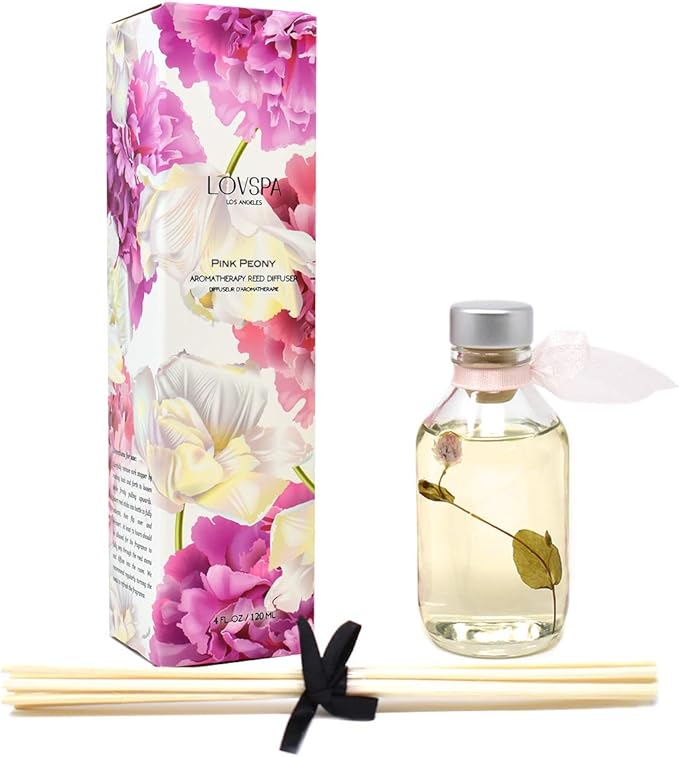 LOVSPA Reed Diffuser Set, Pink Peony Scented Oil Diffuser with Sticks, Home Fragrance Accessories for Bathroom Shelf Decor, Aroma Diffusers for Home or Office Desk, USA Made-Ruum Studio Home