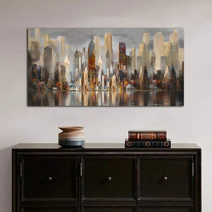 Wall Decorations Framed Large Cityscape New York Wall Decor Canvas Prints Abstract Brown City Theme Paintings Modern Canvas Wall Art for Living Room Bedroom Big Size 29x58-Ruum Studio Home