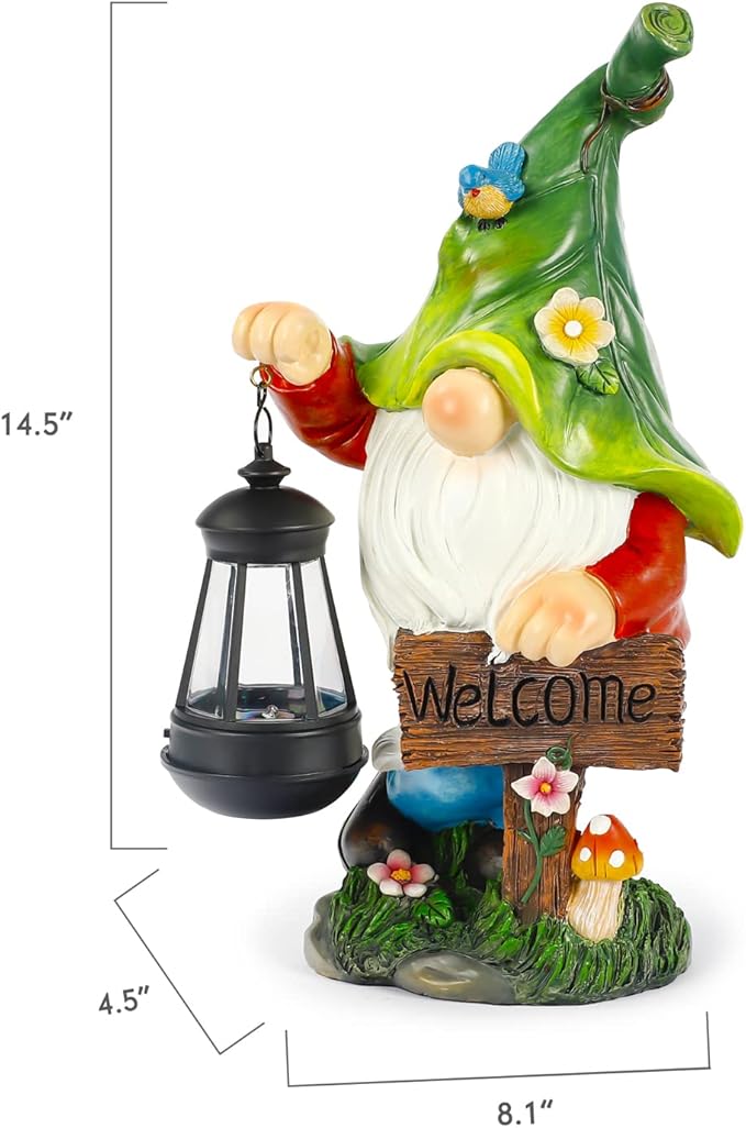Garden Gnome Statue, Resin Figurine with Bright Solar Lantern Lights and Welcome Sign, Outdoor Solar-Powered Illumination Yard Art Decorations for Indoor Outdoor Patio Lawn Garden Room-Ruum Studio Home