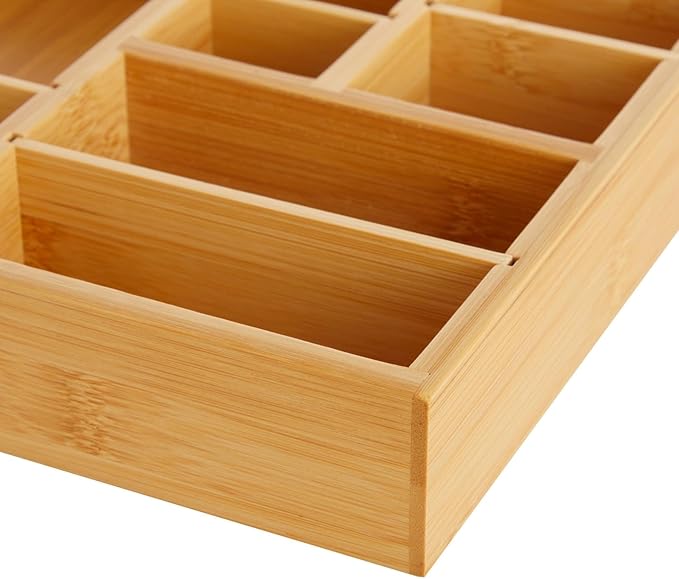 Juvale Drawer Organizer Tray - 14 x 10 x 2 In Brown Bamboo - 8 Adjustable Dividers for Custom Storage - Silverware & Utensil Organizer - Desk Drawer Divider - Versatile Wooden Divided Tray-Ruum Studio Home