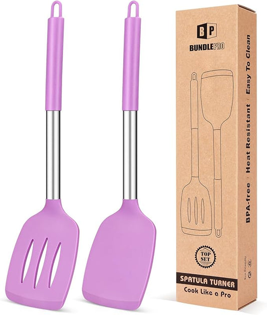 Pack of 2 Silicone Solid Turner, Non Stick Slotted Kitchen Spatulas, High Heat Resistant BPA Free Cooking Utensils, Ideal Cookware for Fish, Eggs, Pancakes(Purple)-Ruum Studio Home