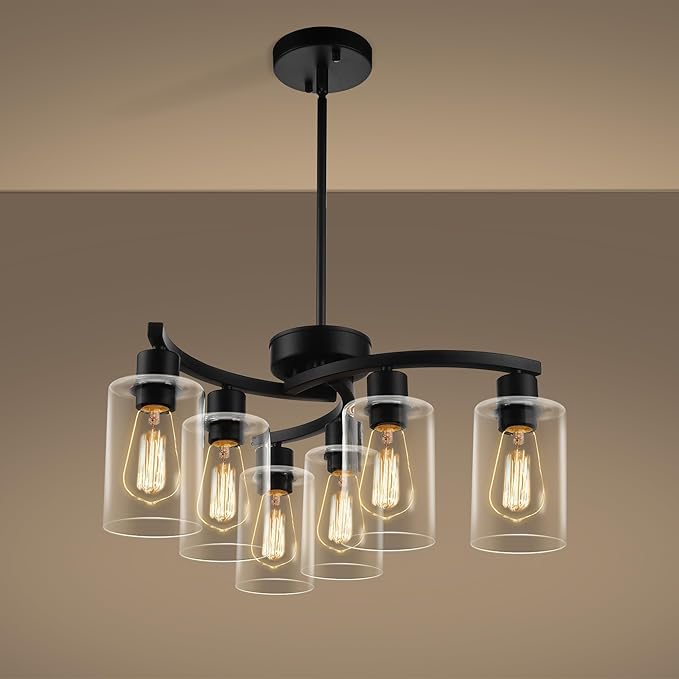 6-Light Modern Farmhouse Black Chandelier, Contemporary Dining Room Light Fixture, Adjustable Height Hanging Industrial Pendant Lights Kitchen Island, Clear Glass Shade-Ruum Studio Home