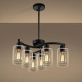 6-Light Modern Farmhouse Black Chandelier, Contemporary Dining Room Light Fixture, Adjustable Height Hanging Industrial Pendant Lights Kitchen Island, Clear Glass Shade-Ruum Studio Home