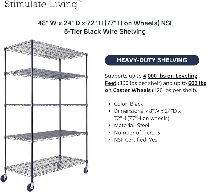 48"x24"x72" Prime Heavy Duty Black 5-Tier Steel Wire Shelving NSF 4000 LBS MAX Capacity Storage Rack for Commercial, School, Home, Garage, Warehouse, Industrial, and Hospital Uses (with Wheels)-Ruum Studio Home