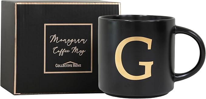 COLLECTIVE HOME - Monogram Ceramic Mugs, 15 oz Golden Initial Black Coffee Cups, Elegant Alphabet Tea Mugs, Elegant Personalized Mug with Gift Box, Unique Mug with Double Side Capital Lette (G)-Ruum Studio Home