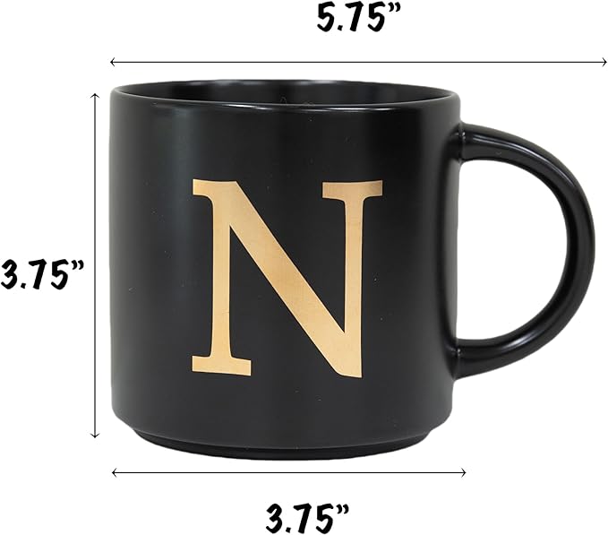 COLLECTIVE HOME - Monogram Ceramic Mugs, 15 oz Golden Initial Black Coffee Cups, Elegant Alphabet Tea Mugs, Elegant Personalized Mug with Gift Box, Unique Mug with Double Side Capital Lette (N)-Ruum Studio Home
