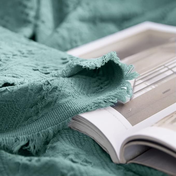 Simple&Opulence 100% Cotton Throw Blanket for Bed, Couch, Boho Luxury Geometric Knit Woven Blanket with Tassels Soft Lightweight Cozy Breathable, Vintage Farmhouse Decoration for All-Season(Green)-Ruum Studio Home